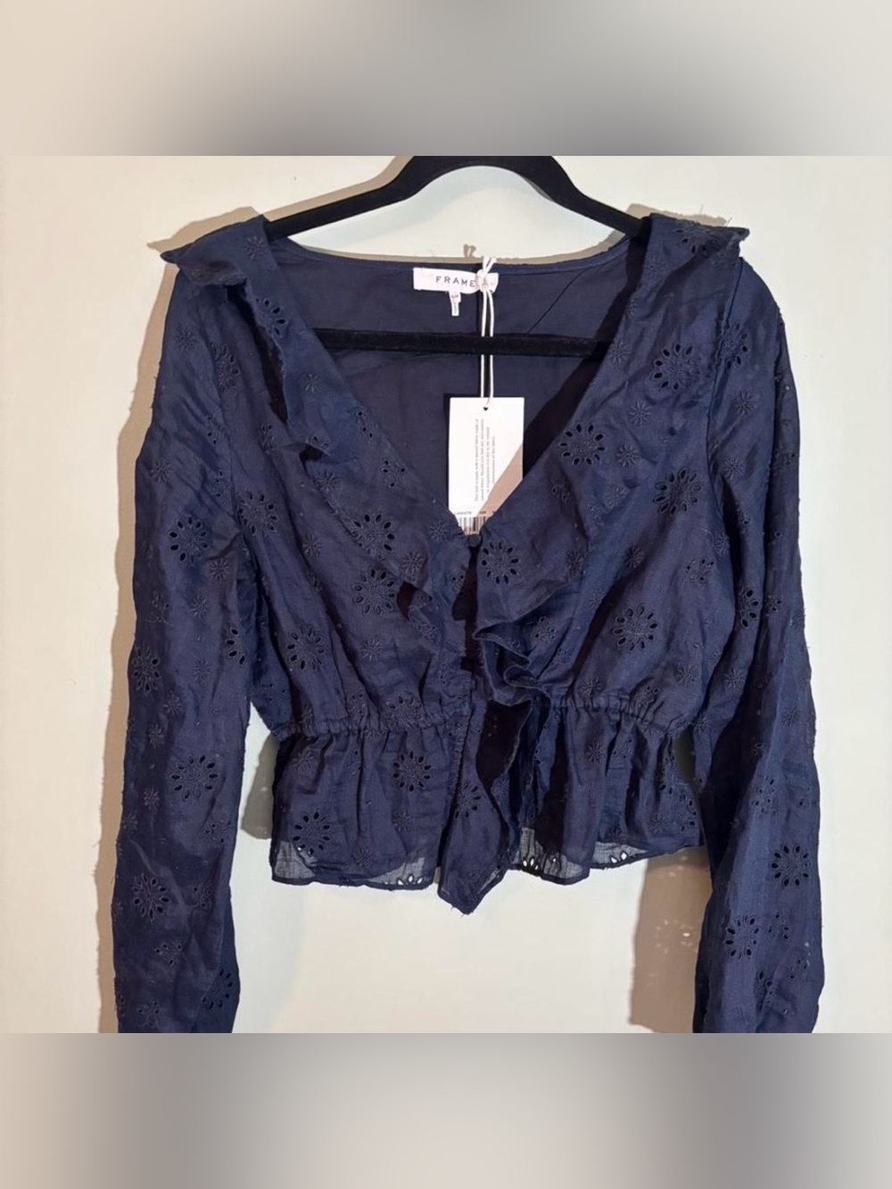 Frame Navy Eyelet Ruffle Peplum Top - Picture 1 of 5